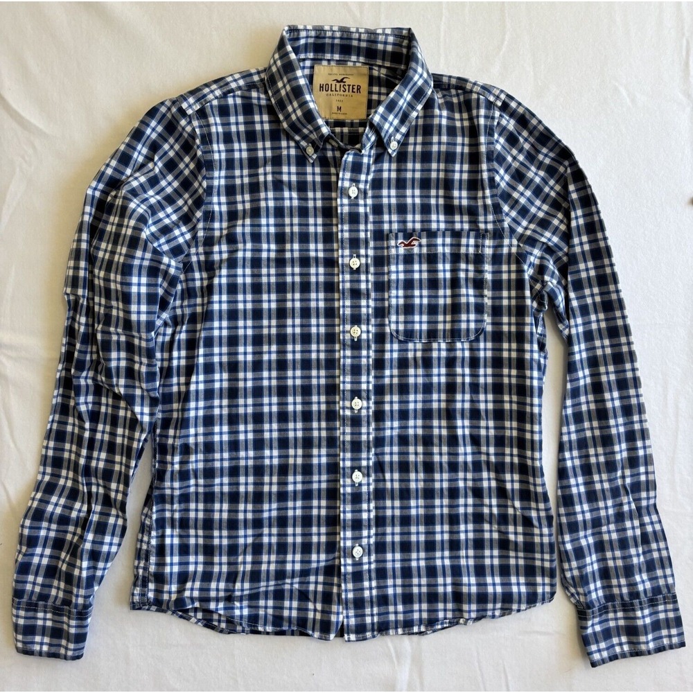 Vintage Hollister Men Plaid Long Sleeve Button Down Blue White Medium Size Shirt